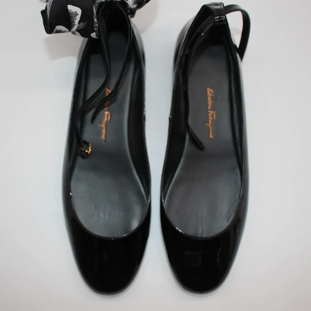 Salvatore Ferragamo Cefalu Black Patent Leather Ballet Foulard Bow Flats $695
